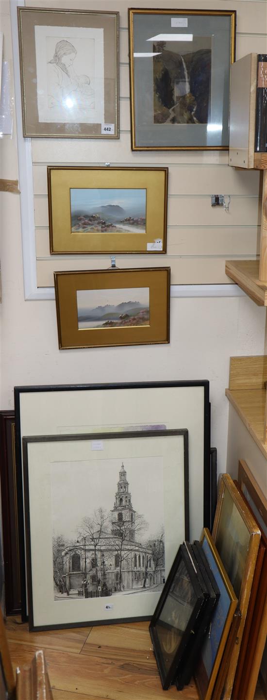 A group of assorted paintings and prints including an Edgar Holloway etching and a pair of Frank Holme